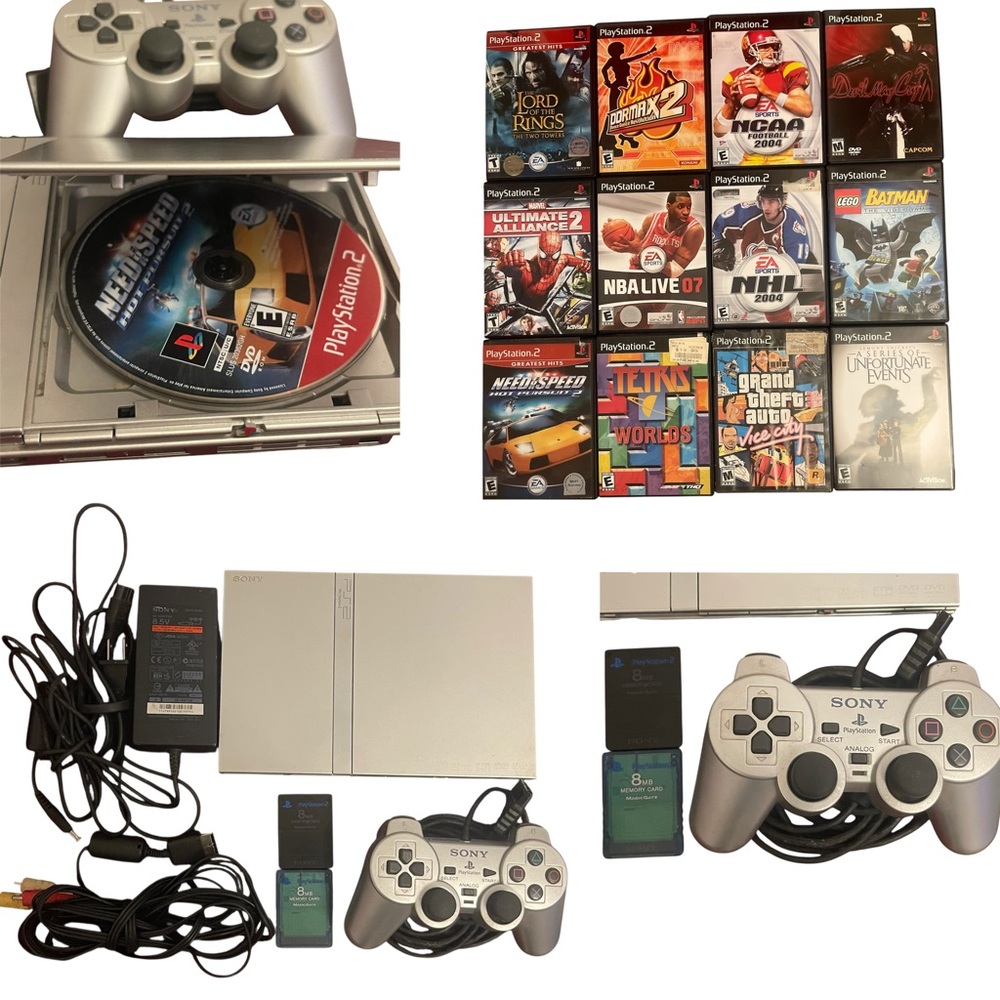 SONY PLAYSTATION 2 PS2 SILVER SLIM CONSOLE LOT BUNDLE WITH 12 GAMES MEMORY CARDS